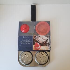 NEW Sur La Table Crab Cake Grilling Basket & Press 2 Pc Set Stainless Steel